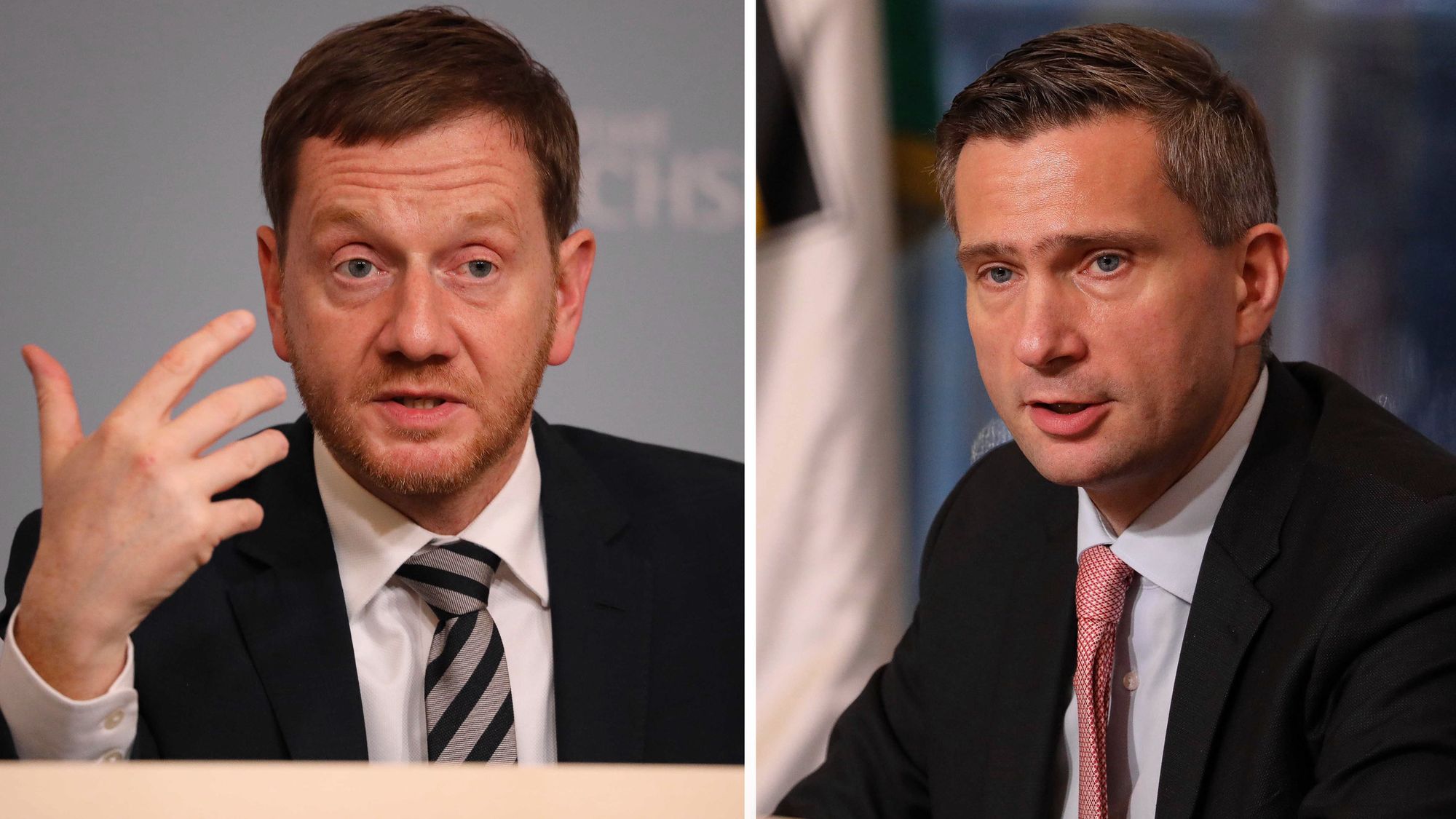 Ministerpräsident Michael Kretschmer (CDU) und Wirtschaftsminister Martin Dulig (SPD) bei der Pressekonferenz - Foto: Tino Plunert