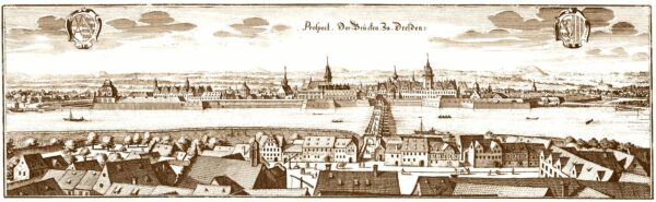 "Prospect der Brücken zu Dresden" - der Kupferstich von Matthaeus Merian aus dem Jahr 1650 zeigt die Altstadt mit Festungsmauer, und einen Teil des Altendresden - heute Innere Neustadt