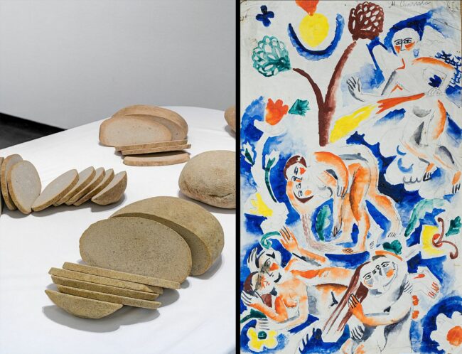 links: Bread, Zhanna Kadyrova, Palianytsia, 2022, rechts: Maria Siniakova: Vertreibung aus dem Paradies, 1916