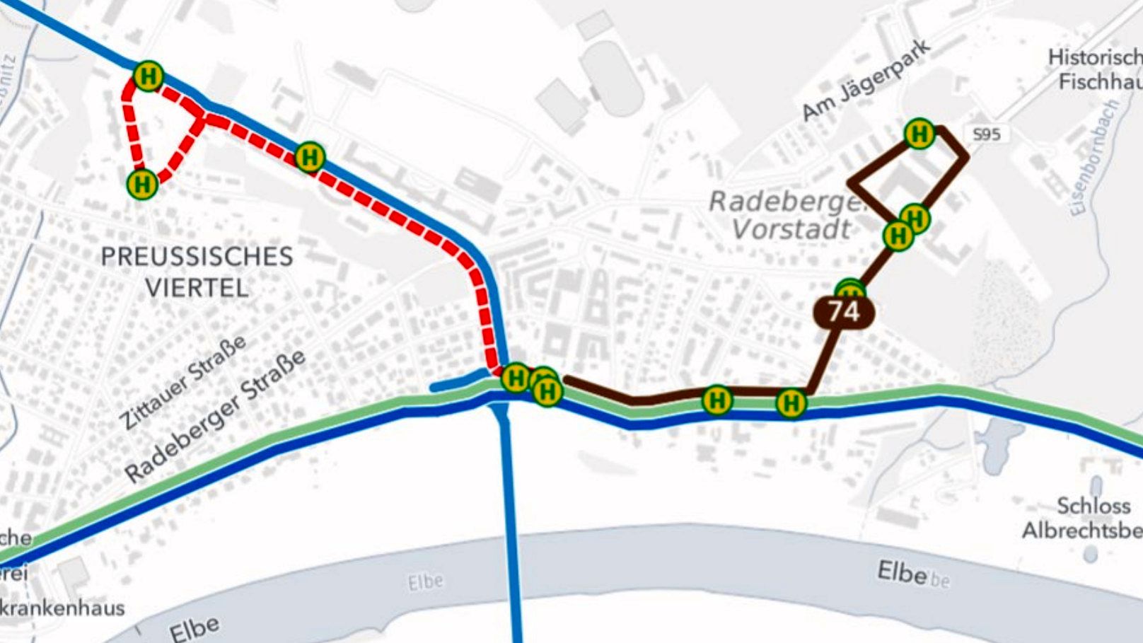 Der rot gestrichelte Schlenker durch das Preußische Viertel entfällt ab 2. Juni - Grafik: DVB