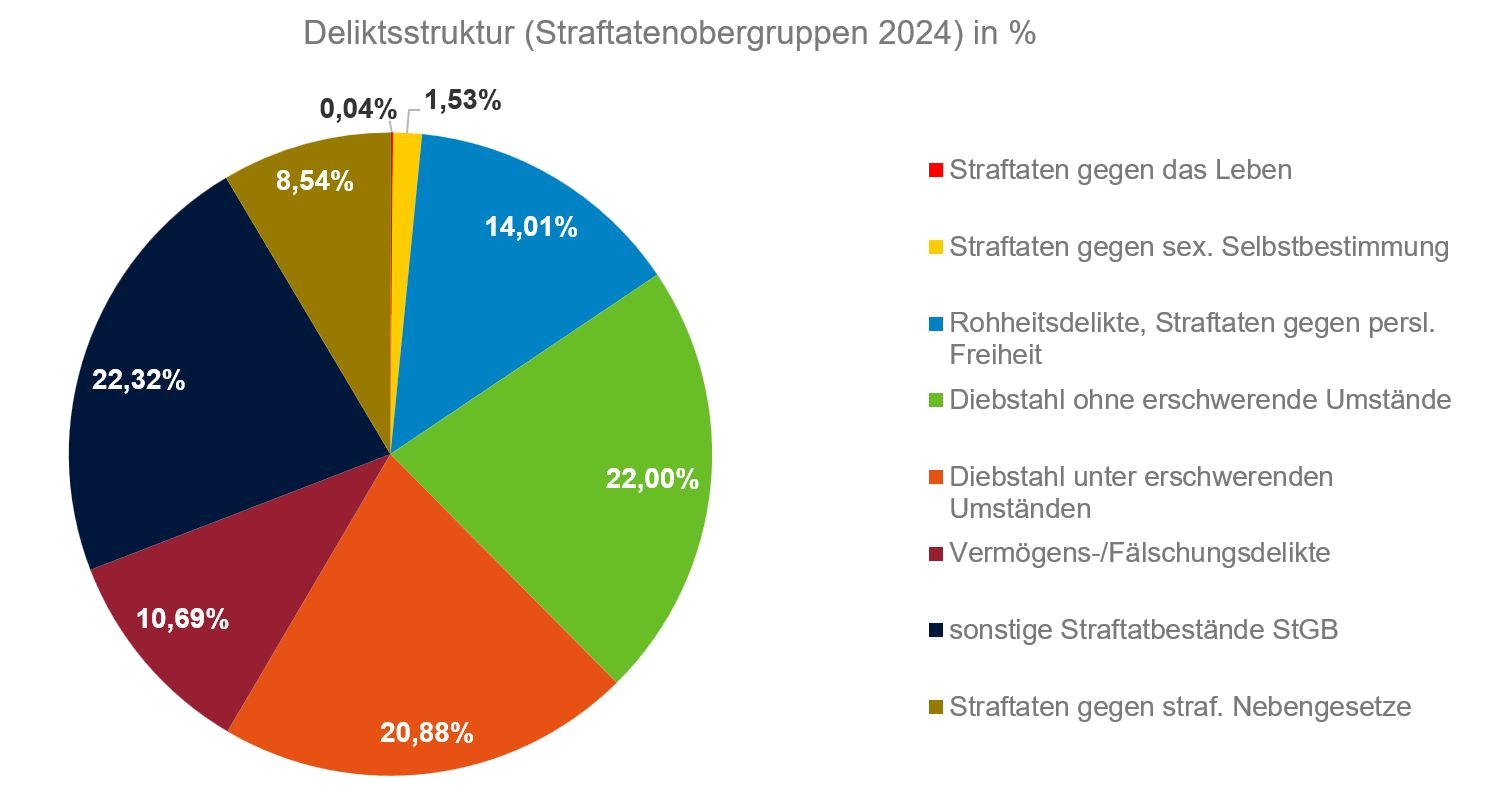 Die Deliktsstruktur von Straftatenobergruppen 2024 in Prozent. - Grafik: Polizei Sachsen