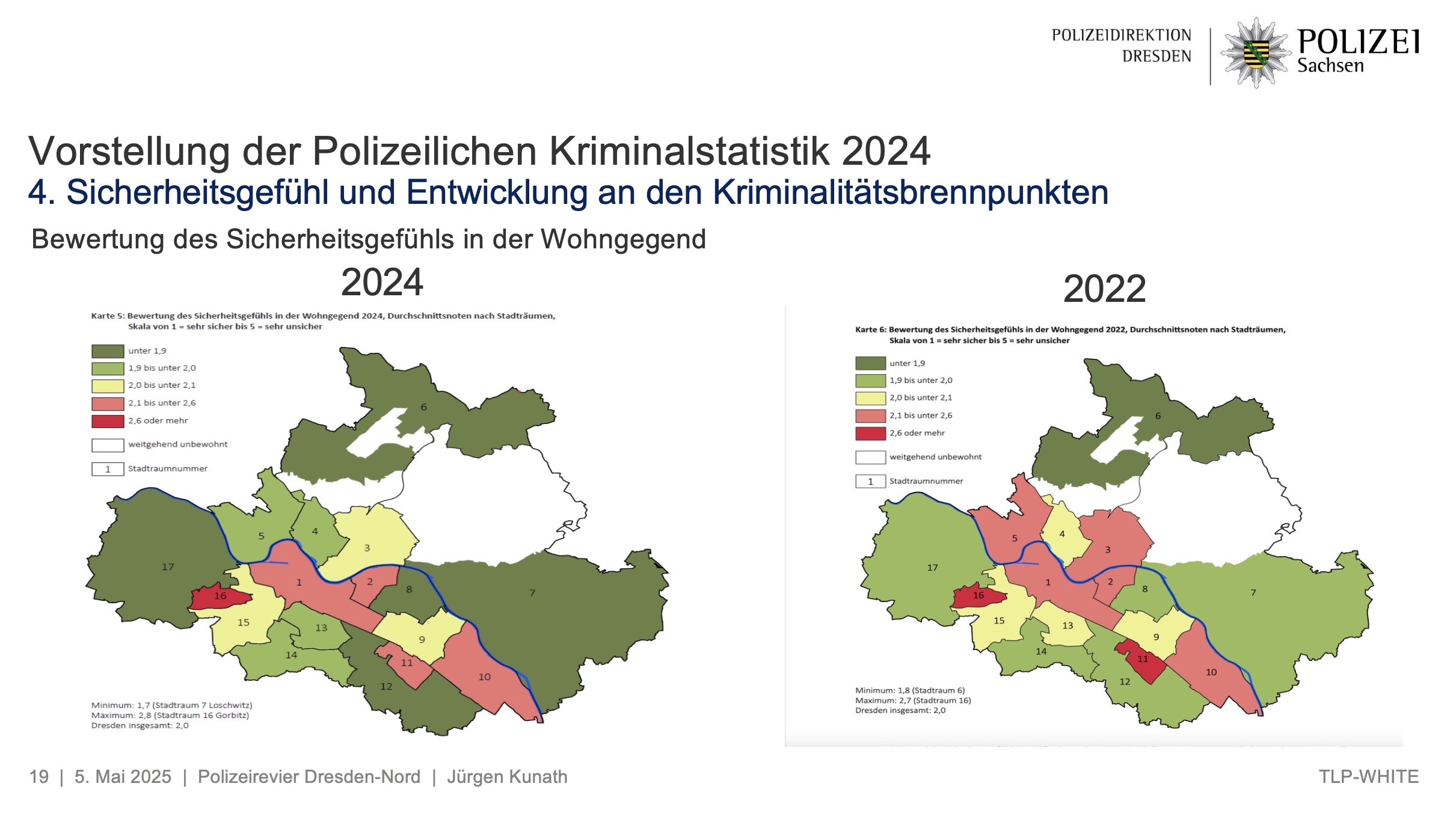 Bewertung des Sicherheitsgefühls in der Wohngegend der Dresdner Bevölkerung 2024 im Vergleich zu 2022. - Grafik: Polizei Sachsen