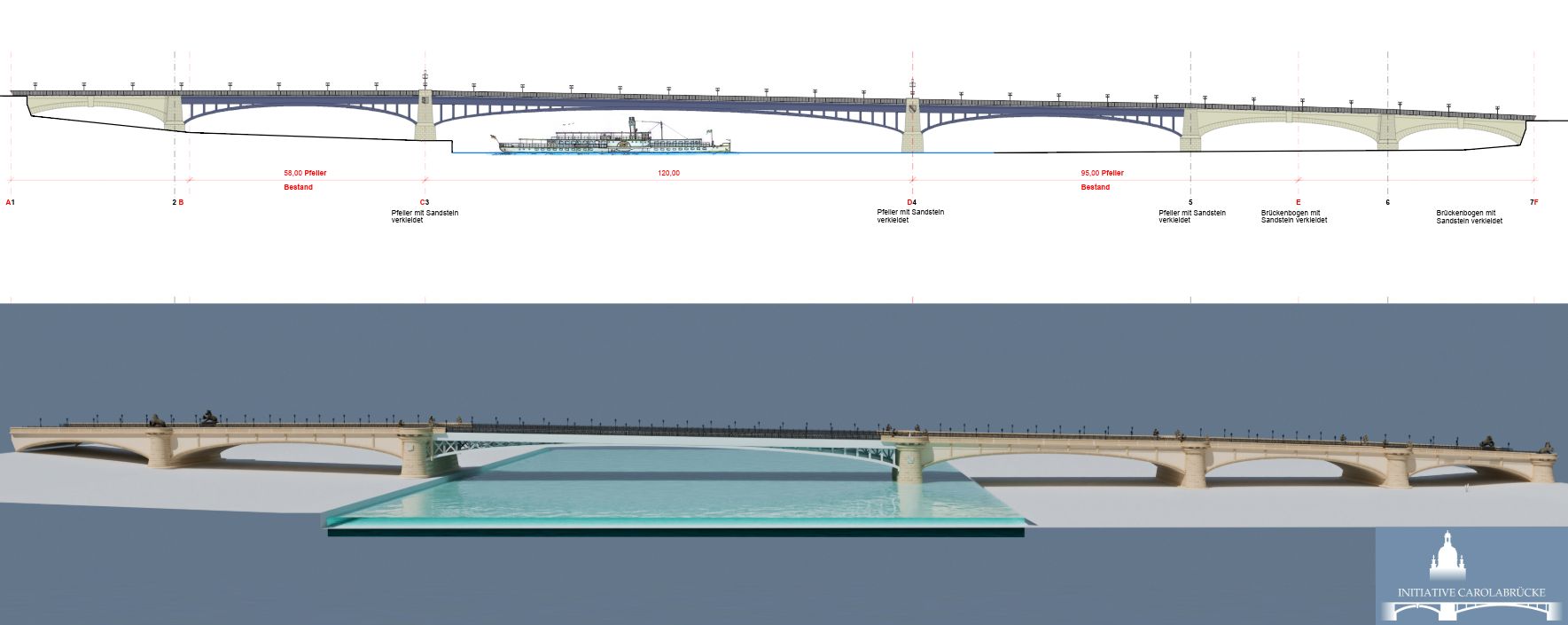 Zeichnung Reiner Grötzschel, Maßstab 1:400, ohne Statik-Nachweis, Dampfer "Dresden" als Größenbezug. Visualisierung Maximilian Georg Liebscher für die Initiative Carolabrücke