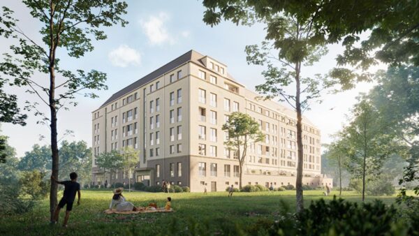 Visualisierung des Neubaus, der dann auch von der Stauffenbergallee zu sehen sein wird. Visualisierung: Wüstenrot Haus- und Städtebau GmbH