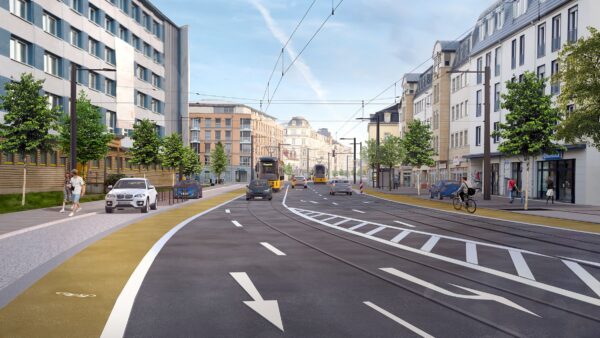 So könnte die Königsbrücker bald aussehen: stadtauswärts auf Höhe Post und Bibliothek nach der Louisenstraße –Visualisierung: Renderwerke/Landeshauptstadt Dresden