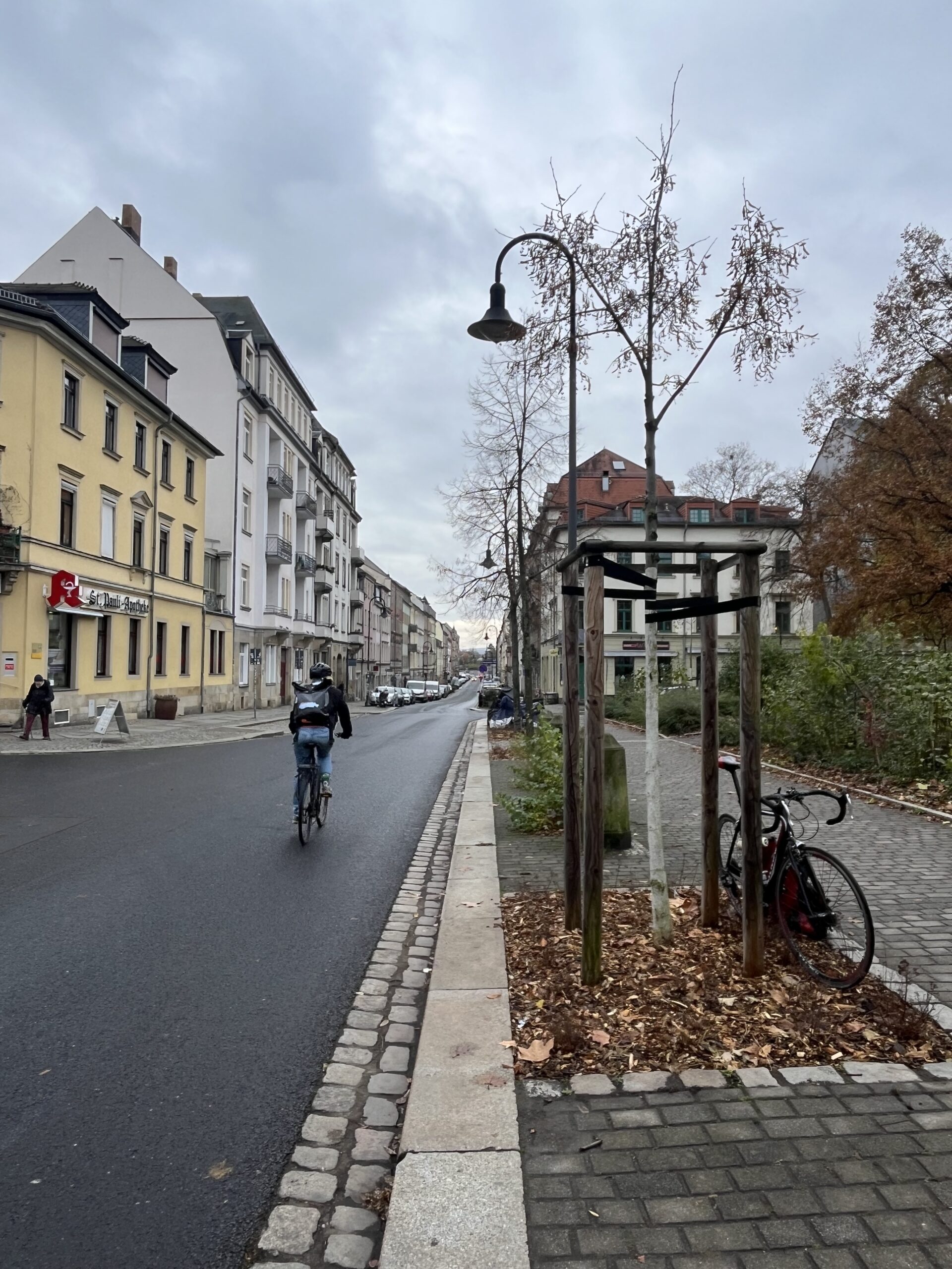 Die Rudolf-Leonard-Straße im Novembergrau: Noch zeigt sie sich mitunter ruhig – Foto: Jonasz Schulze