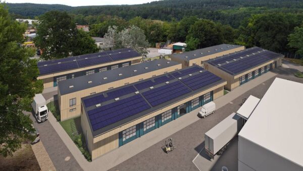 Die neuen Hallen im Industriegelände entstehen ab Januar in Holzbauweise. Visualisierung: Atelier Lauströer Richter Architekten