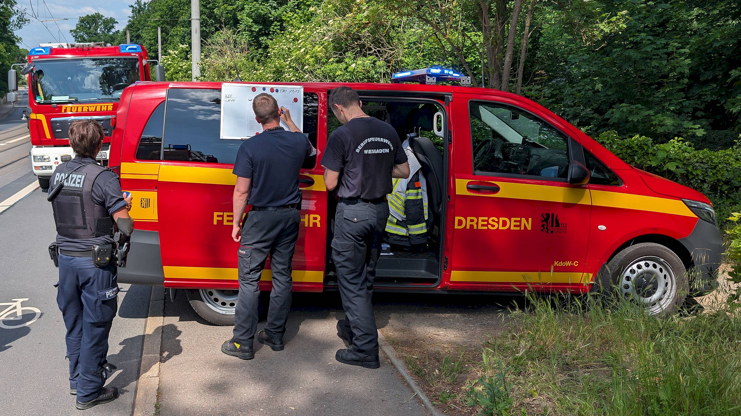 Feuerwehr im Einsatz an der Bautzner Straße © Feuerwehr DresdenDer Waldbrand befand sich unweit der Bautzner Straße. Foto: Feuerwehr Dresden